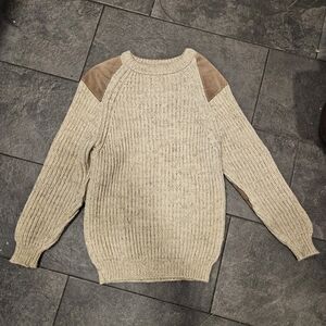 British Wool Naturally Chunky Knit Sweater w/ Suede Patches